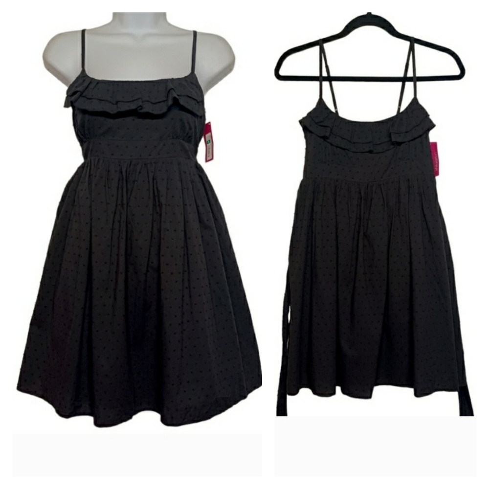 XHILARATION Polka Dot Texture Ruffle Fit & Flare Mini Black Sleeveless Dress NWT